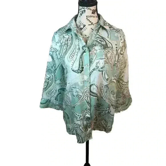 Chico’s Sz 0 Small Light Green Paisley 100% Linen Button Up Blouse Non Iron - Picture 1 of 6